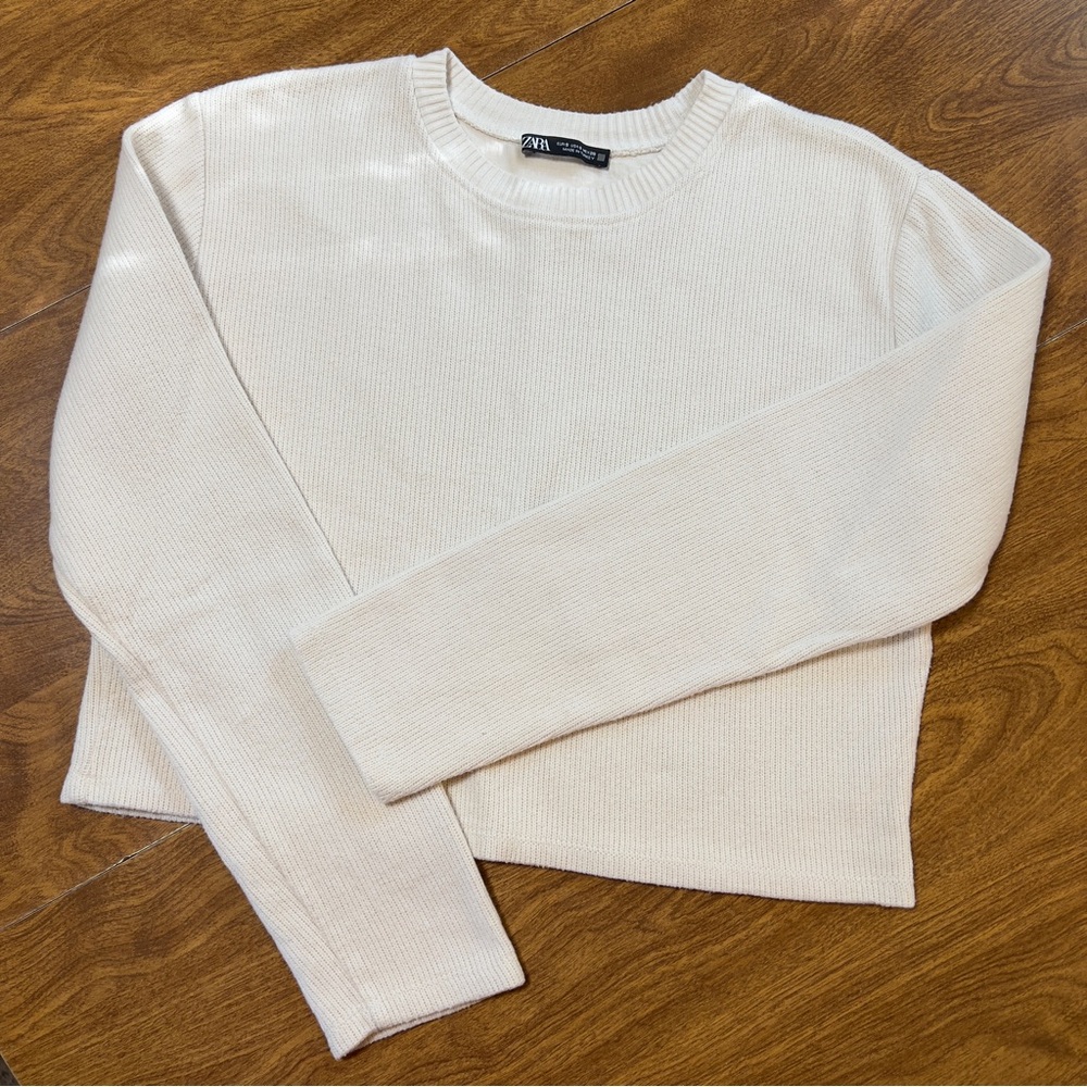 Zara Women’s Cream Off White Ribbed Crew Soft Knit Long Sleeve Crop Top Size S
